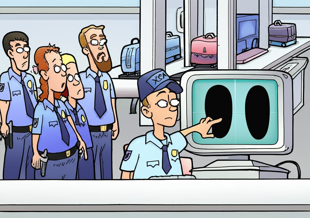 Cartoon: Airport X-ray security guards staring at screen in confusion