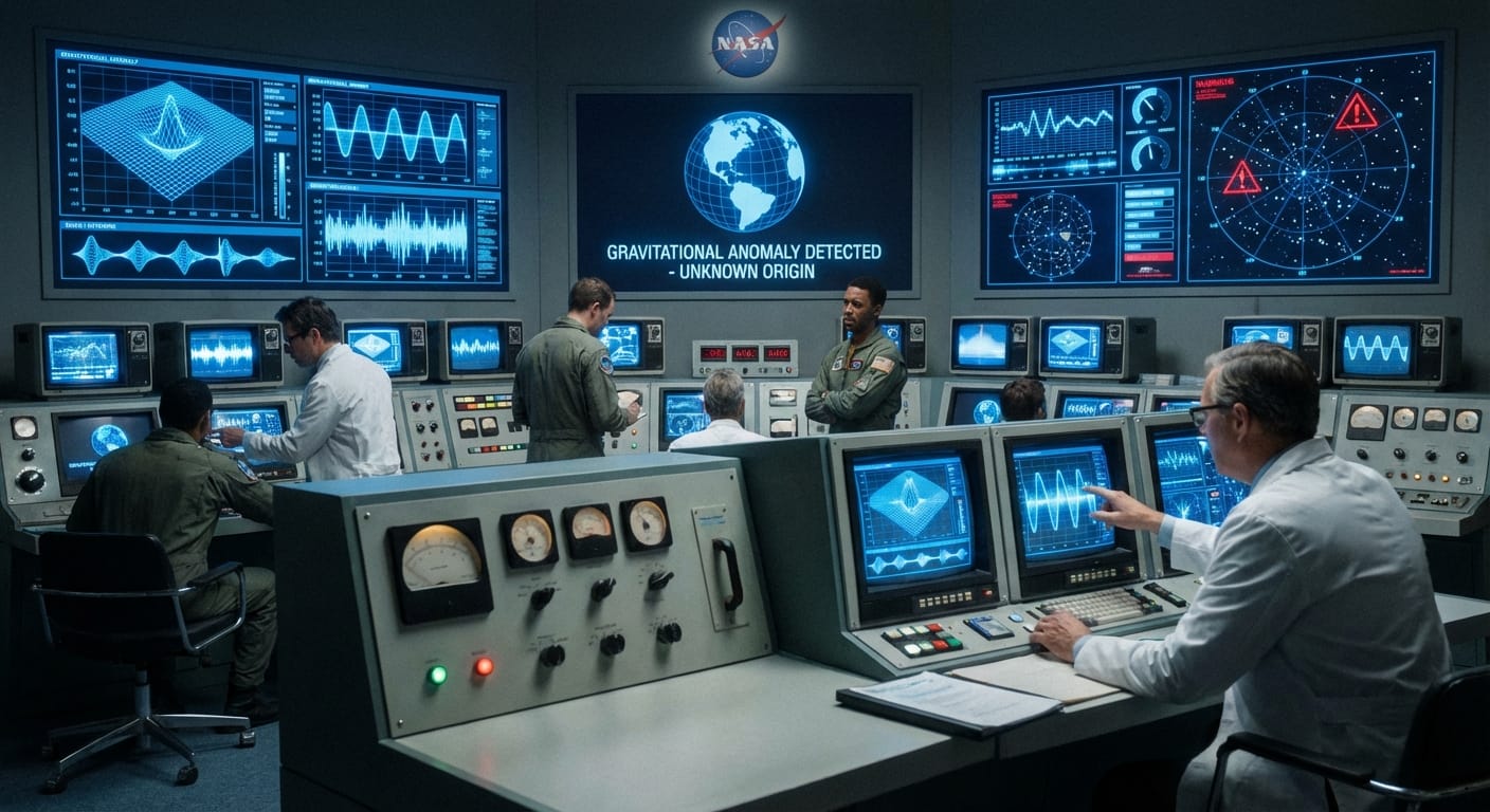NASA Mission Control monitoring NEO-2024-PJ — screens display GRAVITATIONAL ANOMALY DETECTED
